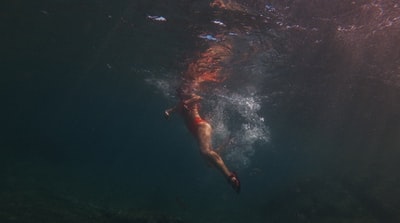 女人用蓝色比基尼游泳在水里
